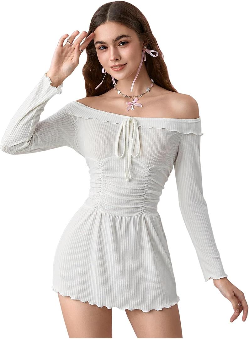 SHENHE Women's Off Shoulder Dress Long Sleeve Ruffle Ribbed Nightgowns Babydoll Lingerie Set (White, M)