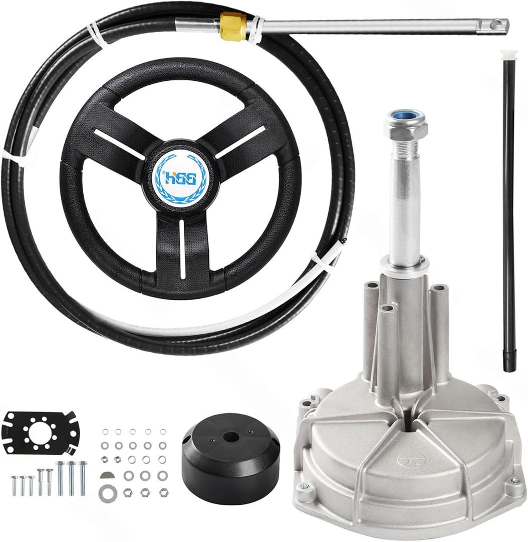 Mechanical Boat Steering System with 15FT Cable, 13.5" Black PU Steering Wheel, 3/4 Tapered Shaft, Compatible with Yamaha, Suzuki, Honda, Mercury, Nissan, Tohatsu