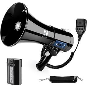 50w Rechargeable Megaphone Bullhorn | Loud Speaker Supports Bluetooth, USB, SD, AUX Input | Built-in Siren and Recording | Slim Size for Police, Outdoor, and Cheerleading (Black)