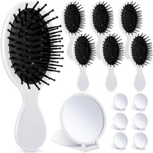 Meanplan 12 Pcs Mini Hair Brush Set Travel Wet Dry Hair Combs Pocket Detangling Compact Folding Makeup Mirrors for Spa Sleepover Birthday Bridal Shower Bachelorette Christmas Party Gift(White)