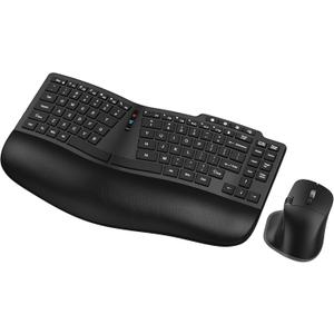 Ergonomic Wireless Keyboard Mouse, Wave Key Bluetooth/2.4G Split Design Ergo Keyboard Mouse Combo with Cushioned Palm Rest, Multi-Device, Rechargeable, for Multi-OS, Windows/Mac/Android Black