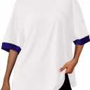 2 x BTFBM Womens Oversized T Shirts Dressy Casual Short Sleeve Summer Tops Crew Neck Color Block Blouse Loose Fit Basic Tee (White, M)