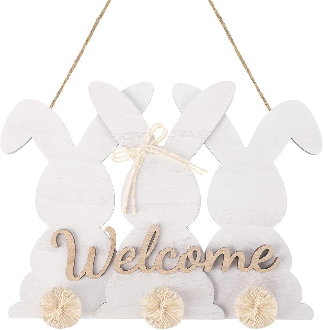 Roowest Easter Bunny Welcome Door Sign Easter Bunny Wreath for Front Door Cute Wooden Rabbit Hanging Plaque Farmhouse Home Front Porch Sign with Bow for Shop Home Garden Spring Decor(Natural Color)
