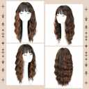 Brown Highlight Medium Long Wavy Wigs for Women 20inch Highlight Brown Wig with Bangs-Shoulder Length Wavy Curly Synthetic Heat Resistant Fiber Full Hair For Daily Use