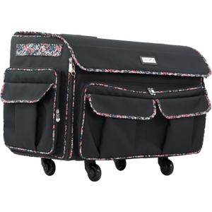 Everything Mary XXL Rolling Sewing Machine Case Black Floral Wheeled Craft Bag Compatible with Large Brother & Singer Machines Durable Travel Storage Tote