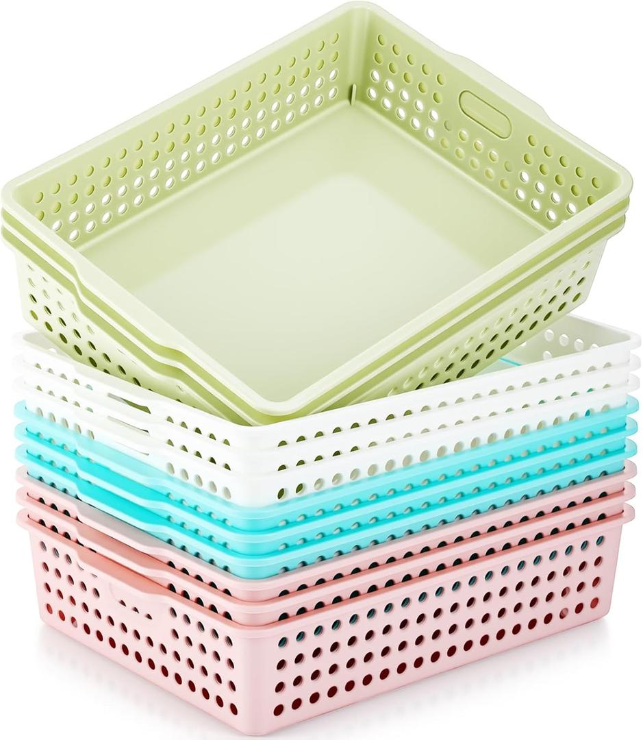 Briwooody 12 Pack Extra Large Plastic Storage Baskets Bins for Classroom Organization Colorful Containers A4 Papers Trays for Pencils Arts Crafts Office School Suppliers, 13.98 x 10.43 x 3.15