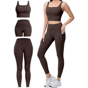 3 Piece Workout Sets for Women High Waisted Leggings with Pockets Tummy Control Biker Shorts Yoga Sports Bra (Medium, Brown)