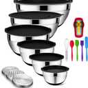 Mixing Bowls Set with Airtight Lids, 20PCS Stainless Steel, Nesting Bowls with 3 Grater Attachments & Non-Slip Bottoms, Size7, 4, 3, 2, 1.5, 1QT Bowls for Baking&Prepping (Black)