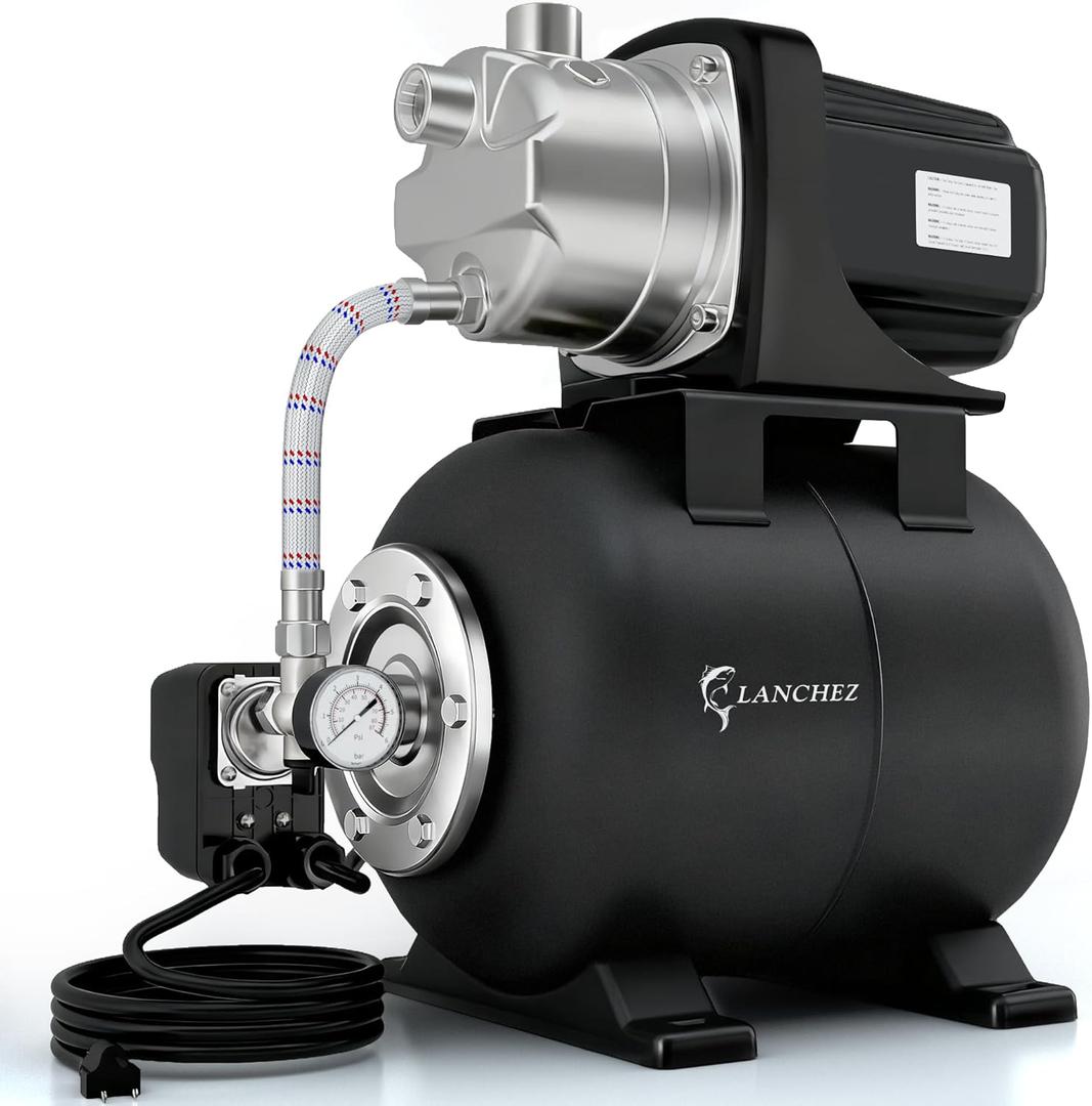 LANCHEZ Shallow Well Pump, Stainless Steel Water Transfer Pump, 115V Garden Irrigation Pump, Water Booster Jet Pump for Home Garden Lawn Farm, Matte black
