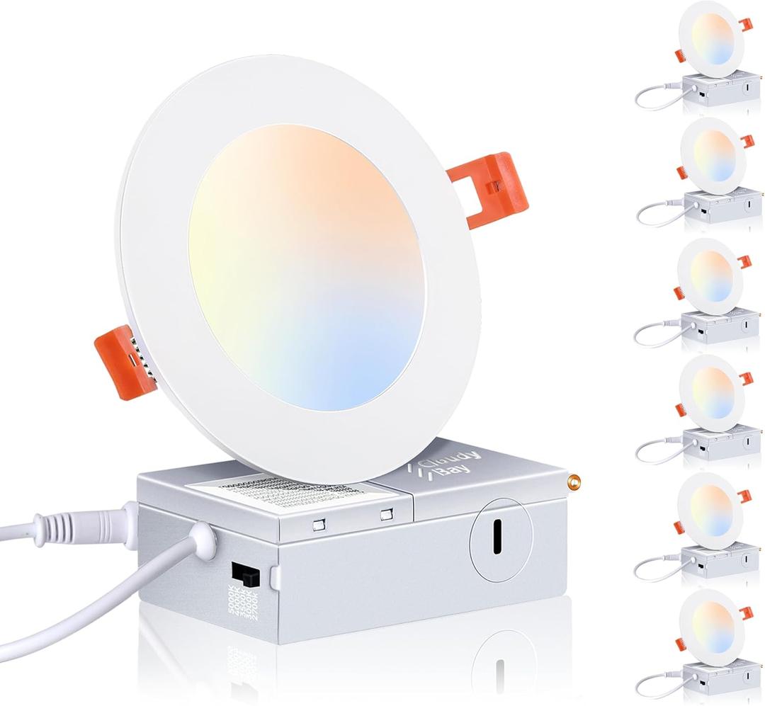 CLOUDY BAY 6 Pack 4 Inch 5CCT Ultra-Thin LED Recessed Ceiling Light with Junction Box,2700K/3000K/3500K/4000K/5000K Selectable,10W Dimmable Canless Wafer Downlight,White,650LM High Brightness