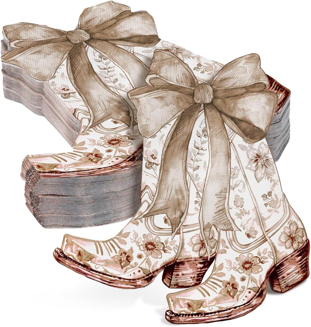 Janlaugh 100 Pcs Western Cowgirl Bow Boot Paper Napkins Beige Chinoiserie Floral Paper Guest Towel Birthday Party Disposable Hand Towels for Bridal Shower Bachelorette Table Decor Party Favors