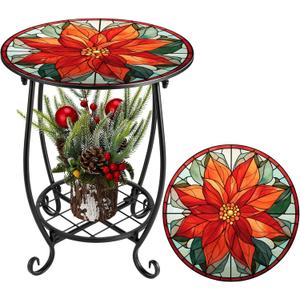 Outdoor Side Table Round Small Mosaic Patio Accent Indoor End Plant Metal Coffee Tea Table for Yard Porch Garden Patio Living Room, Bedroom(Poinsettia,14 Inch)
