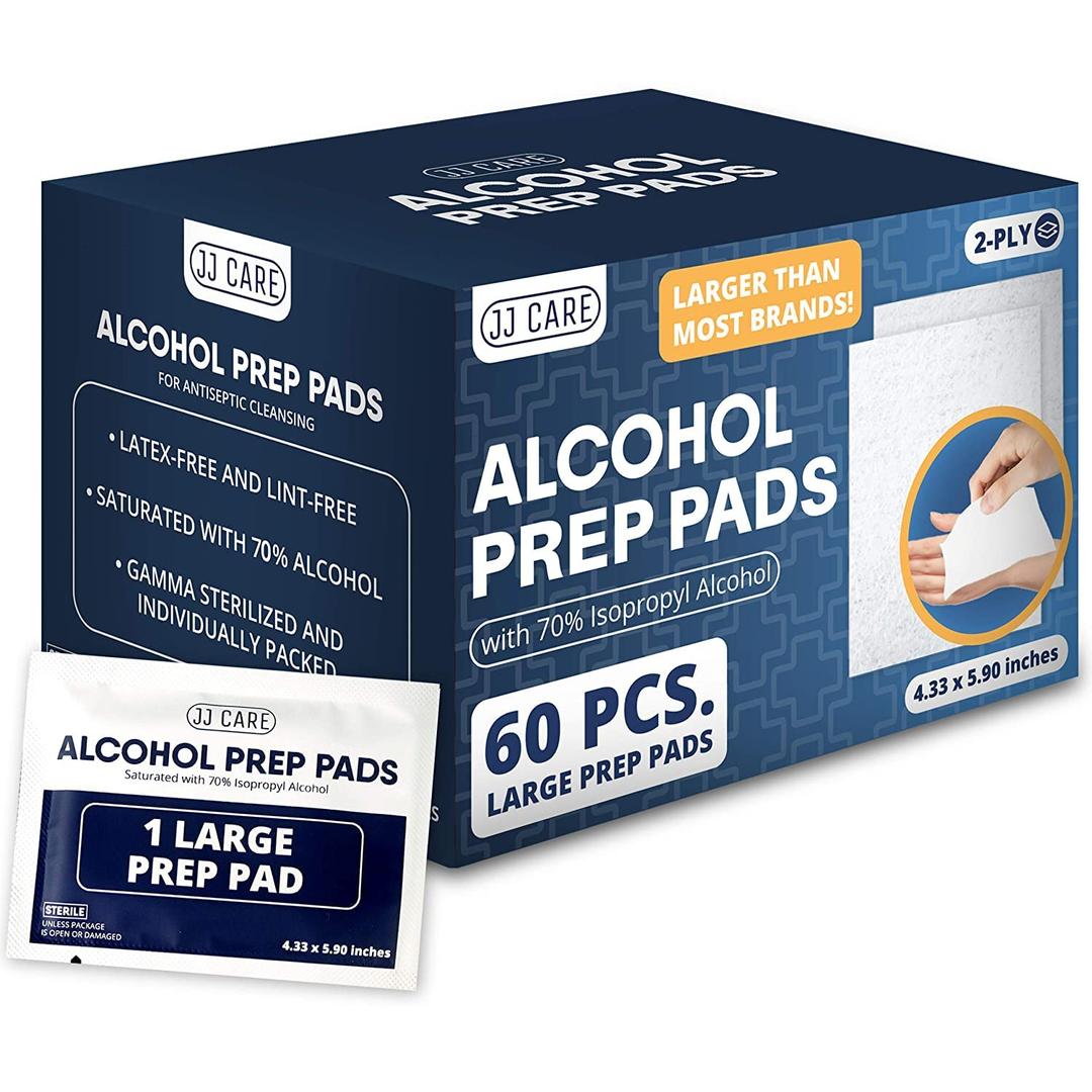 JJ CARE Large Alcohol Prep Pads Pack of 2 4 x 6" Sterile Prep Pads Individually Wrapped, 70% Isopropyl Alcohol Wipes, 2 Ply First Aid Swabs, Perfect for Medical, First Aid Kit & Home, 2 Pack, 60 Per One (120 Pcs)