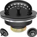 Black Sink Drain 3-1/2 Inch Matte Black Kitchen Sink Drain Strainer Assembly Kit with Strainer Basket and Drain Stopper for Standard Kitchen Sink Stainless Steel
