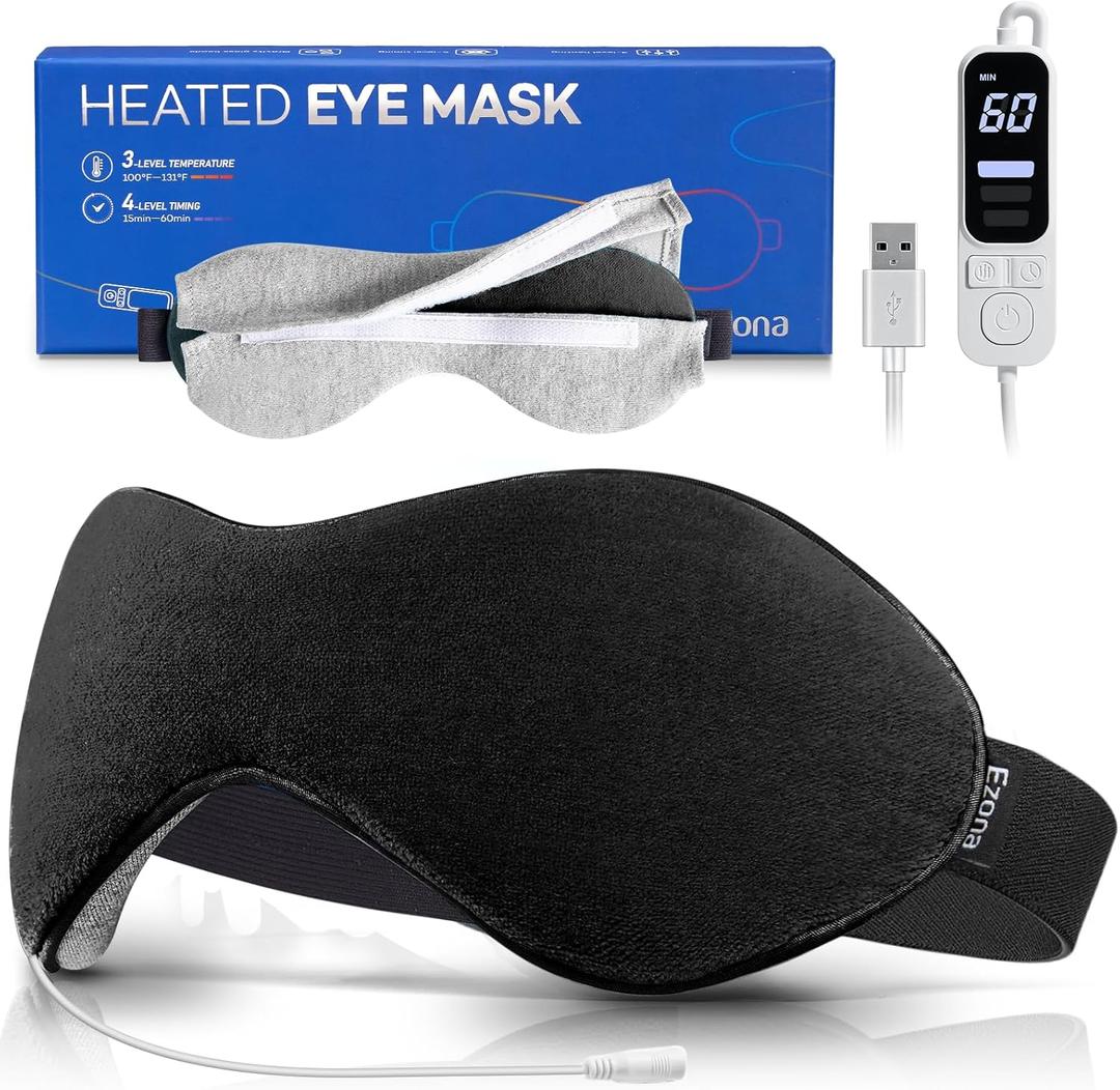 Ezona Heated Eye Mask, Warm Eye Compress Mask for Dry Eyes, USB Electric Eye Heating Pad with Temperature & Timer Control, Dry Eyes, Blepharitis, Sinus Migraine (Black)
