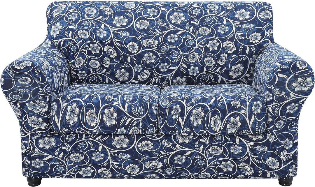 hyha Couch Cover, Loveseat Covers, Floral Pattern, Stretch, Printed, 3 Pieces, Sofa Slipcovers, for 2 Separate Cushion Couch Sofa, Washable Furniture Protector for Dogs(Loveseat, Baroque) (Medium, Blue)