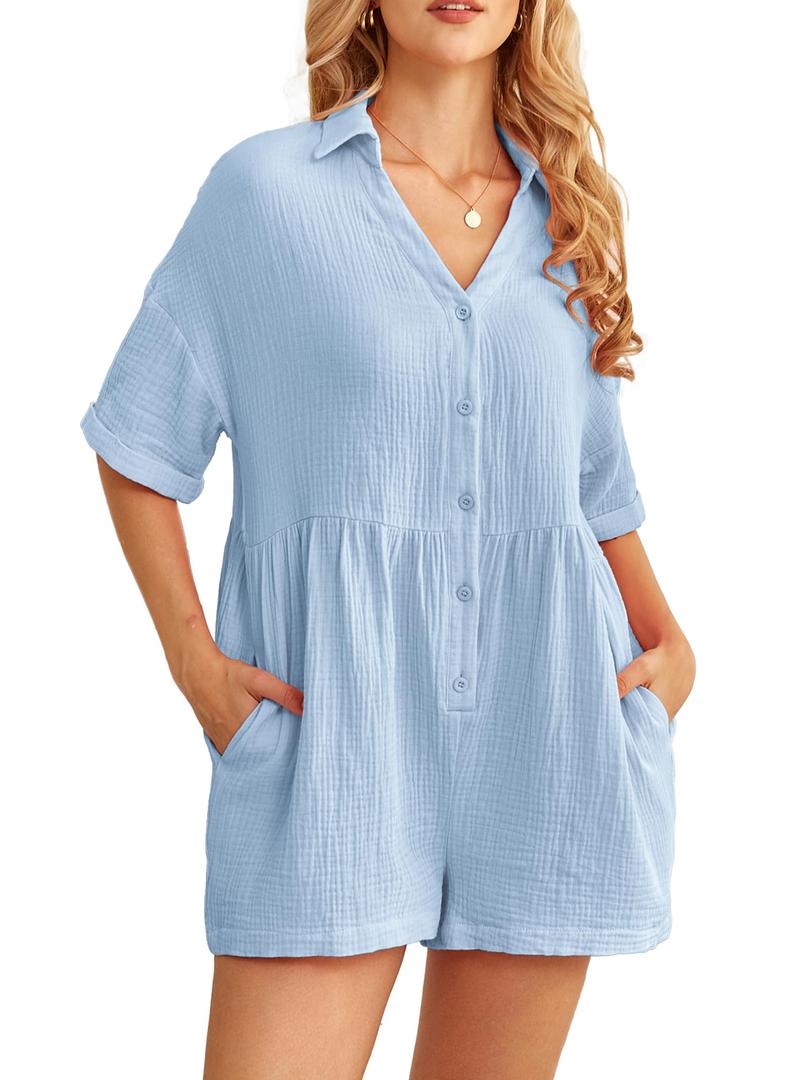 Alealiy Kikibell Women Summer Shorts Romper Button Down Wide Leg Cotton Shortalls Jumpsuit Rompers with Pockets (Blue, XL)
