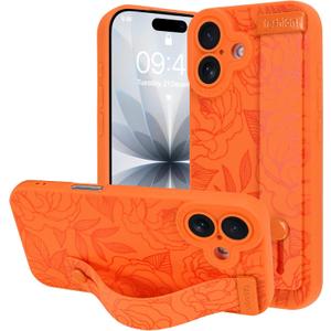 OOK Compatible with iPhone 17 Flower Case with Wrist Strap, Orange Rose Floral TPU Shockproof Protection Slim Cover with Camera Protection for Women Girls, for 6.3inch