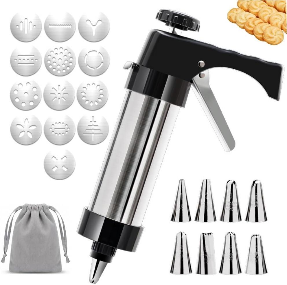 Stainless Steel Cookie Press Gun Kit with 13 Cookie Discs & 8 Piping Tips, Includes Storage Bag for DIY Holiday & Everyday Baking,Essential Baking Supplies