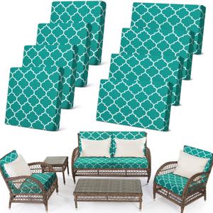 Newwiee 8 Pcs Stretch Patio Outdoor Cushion Covers Waterproof Replacement Sofa Couch Covers for 4 Backrests and 4 Cushions Washable Lawn Garden Seat Furniture Protector(Peacock Blue)