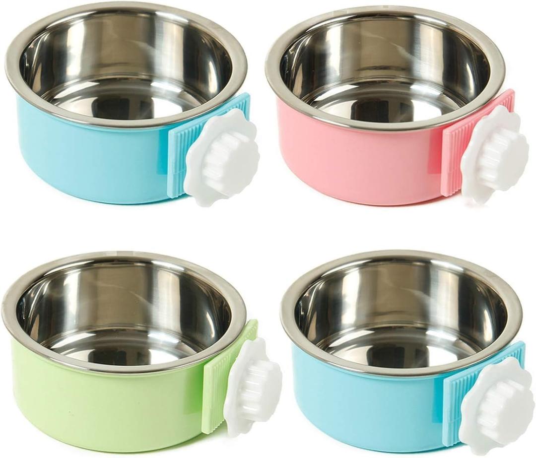 kathson Crate Dog Bowl, Removable Stainless Steel Hanging Pet Cage Bowl Food & Water Feeder Coop Cup for Cat, Puppy, Birds, Rats, Guinea Pigs (4 PCS, Size: L, 2Blue,1Pink,1Green)