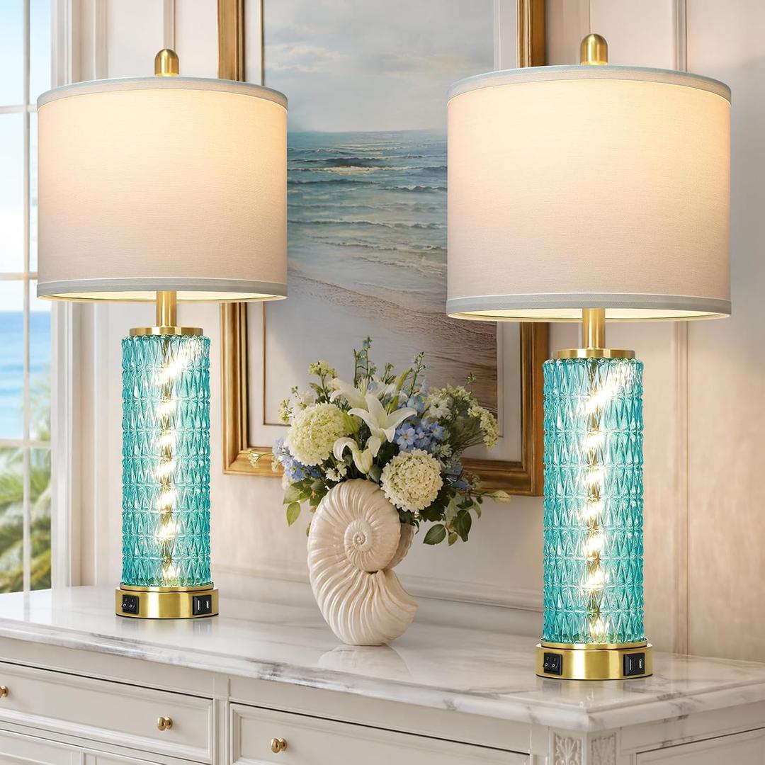 28" Coastal Glass Table Lamps Set of 2, Bedside Lamps with Night Light & USB A+C Ports, Blue Nautical Nightstand Lamps for Bedroom Living Room (LED Bulbs Included)
