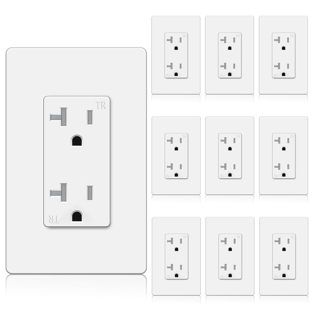 BESTTEN 10 Pack 20 Amp Receptacle Outlet with Tamper Resistant, Screwless Wallplate Included, 20A/125V/2500W, UL Listed, White