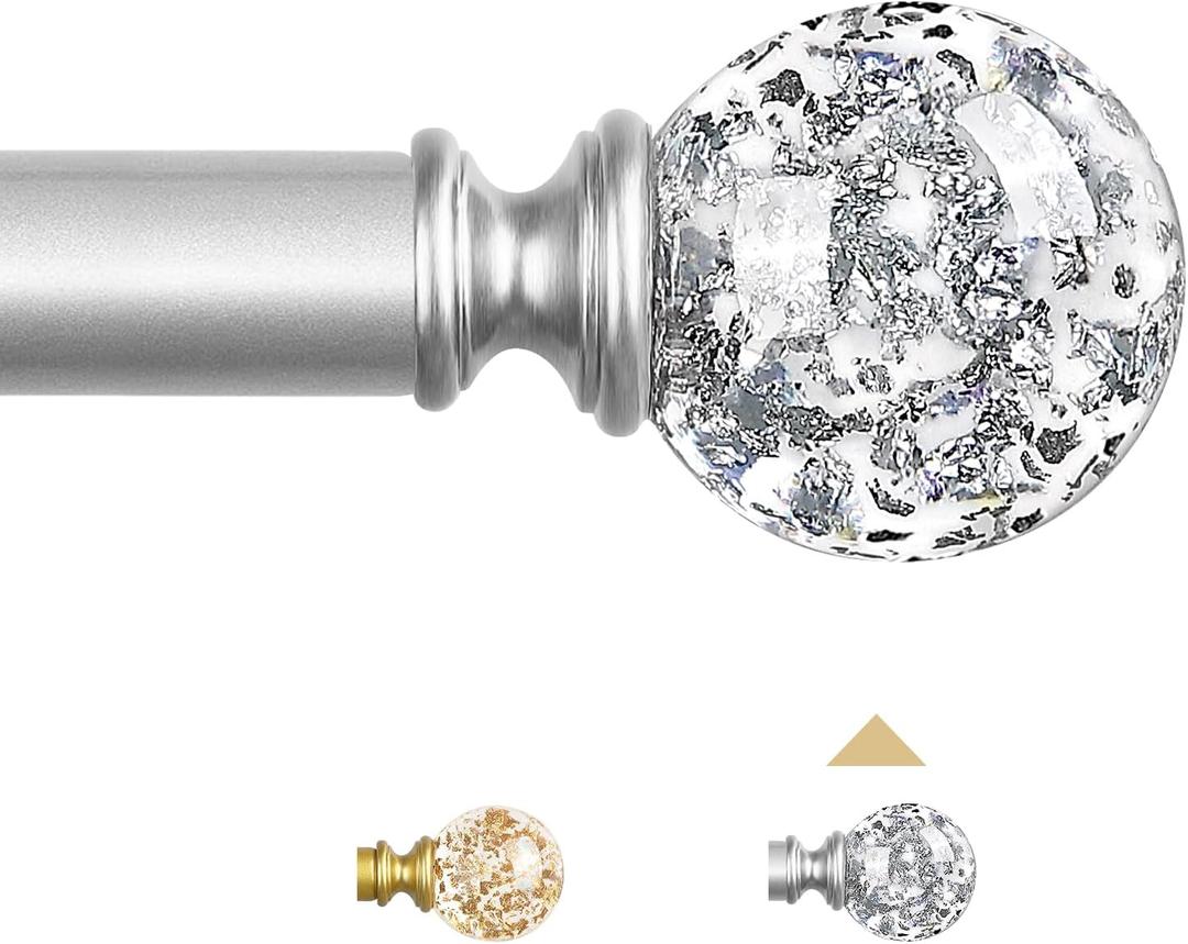 Silver Decorative Crystal Curtain Rods:18-45 Inch Heavy Duty Adjustable Window Curtains Rods for Bedroom Living Room,Nickel Modern Girly Acrylic Drapery Rods Set with Sheer Bling Foil Finials