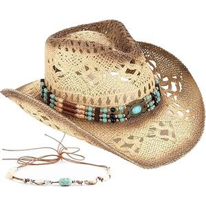 Men's Women's Straw Cowboy Hat Cowgirl Woven Sun Hat Western Cowboy Hat Two Decorative Bands One Size