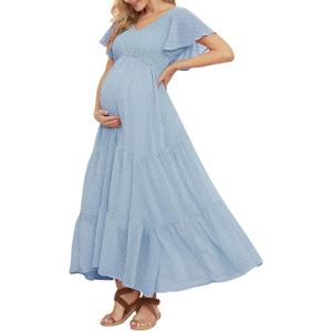 Swiss Dot Smocked Maternity Dress for Photoshoot Baby Shower, Flowy V Neck Ruffle Sleeve Empire Waist Tiered Dress, XL