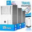 Wfiia 15 Packs Vacuum Bags for Travel with Rechargeable Pump, 3 Sizes Vacuum Seal Bags for Clothing, Compression Vacuum Travel Bags for Luggage, Vacuum Packing Bags for Closet Organization