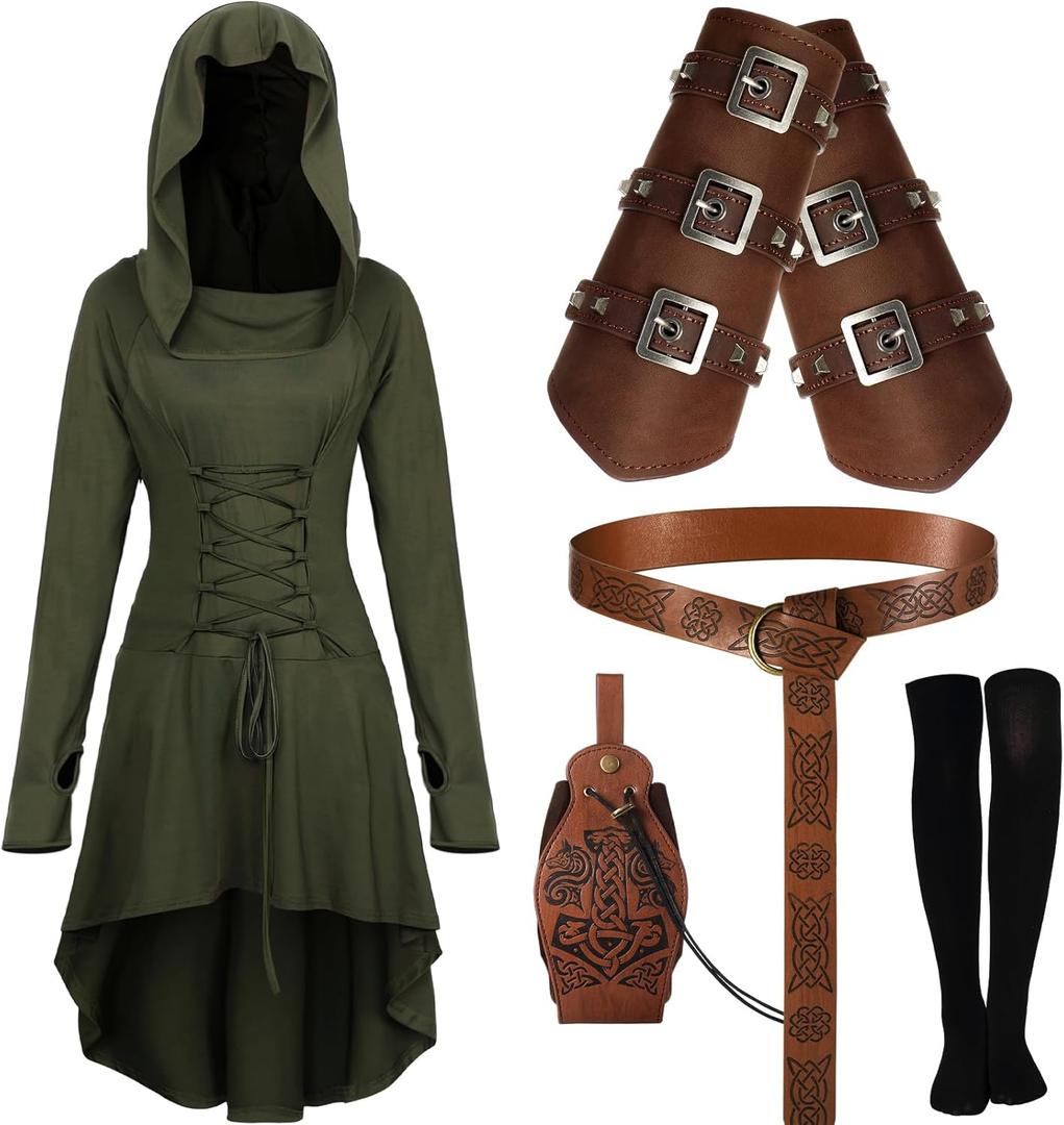 Suhine 5 Pcs Mardi Gras Renaissance Women Costume Medieval Hooded Robe Vintage Faux Leather Arm Pouch Belt (Large, Dark Green)