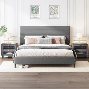 Queen Bed Frame, Modern Upholstered Bed Frame with Adjustable Linen Headboard, Wooden Slats Support Platform Queen Size Bed Frames, No Box Spring Needed,Easy Assembly,Dark Grey