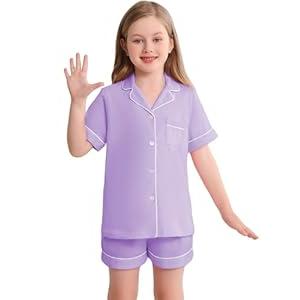 Veseacky Night Wear for Girls Cotton Comfort Two Piece Pajamas Short Sleeved Young Kids Pjs for Ages 5-14 (Purple, 120)