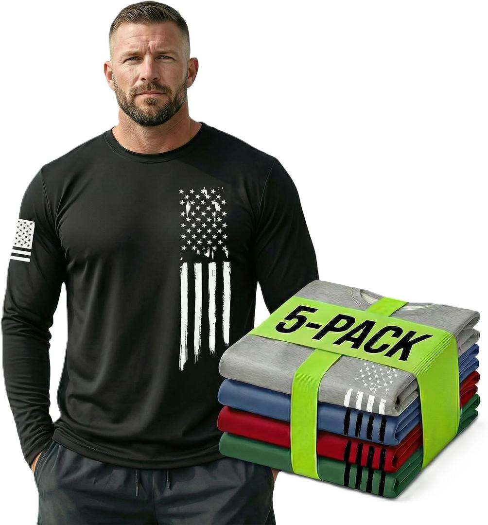 5 Pack Men's Compression Shirts Long Sleeve Dry Fit Athletic Base Layer Top Running Gym Sports Undershirt Rash Guard Gear (Medium, Green/Grey/Black/Red/Blue)