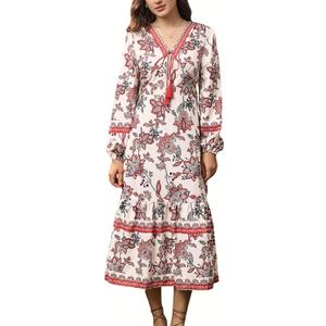 Sunny Spirit Womens Maxi Boho Dresses Floral Print Summer V Neck 2025 Flowy Tassel Long Casual Dress with Long Puff Sleeves (M)