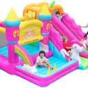 AirMyFun Inflatable Bounce House, Double Slide Bounce House, Pink Indoor Jumping Castle for Kids 3-8, 6 in 1 Princess Bounce House with 450 Blower