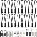 32 Pack Zipper Pull Replacement Kit Universal Detachable Zipper Pulls Tabs Zippers Pull Replacement Luggage Zippers Pulls for Backpacks Purses Jackets Boot Coat Clothing Pants, Black Silver