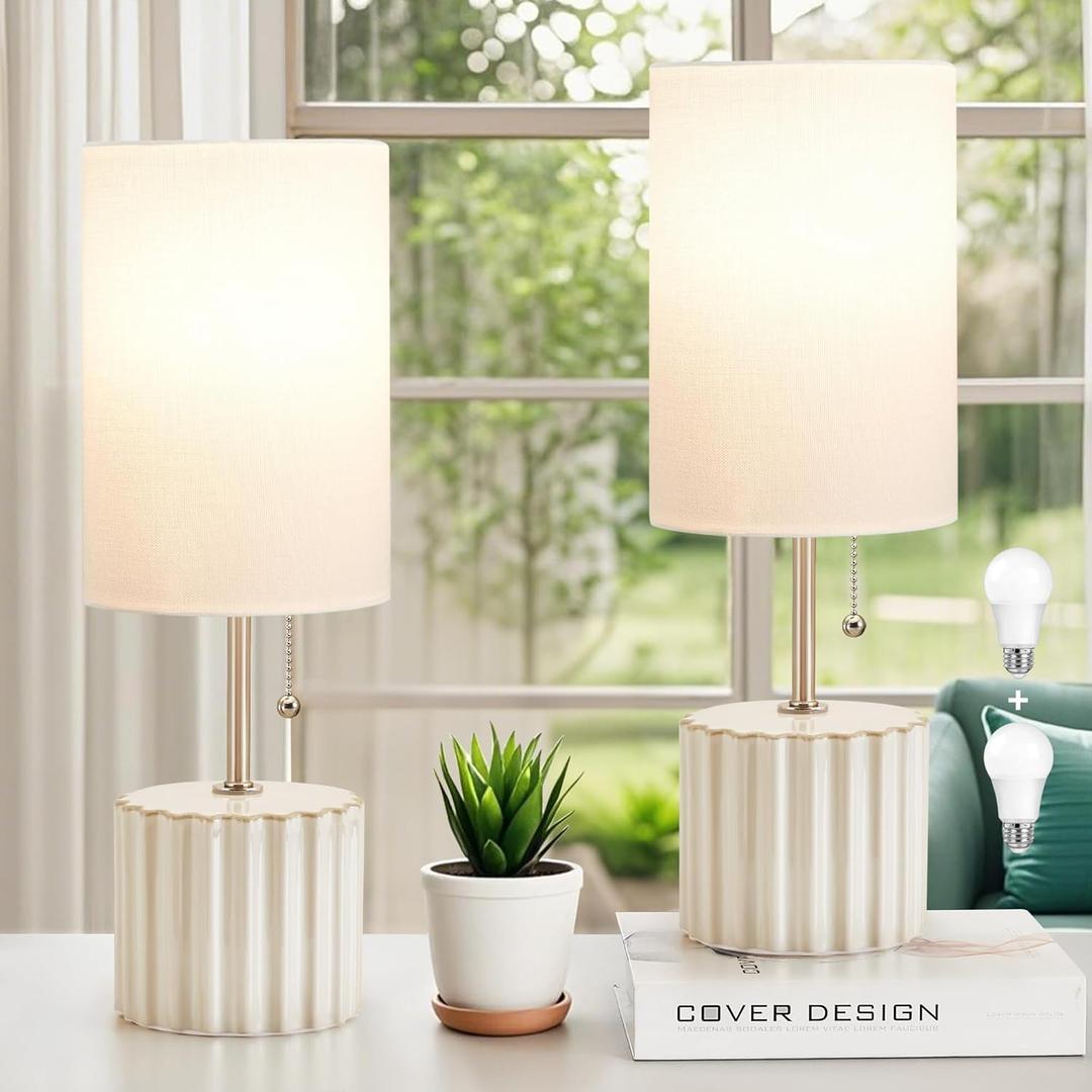 GyroVu Ceramic Small Table Lamp Set of 2, Adjustable Color Temperature Bedside Nightstand Lamps with Pull Chain for Bedroom Living Room Reading, 2 Bulbs (White)