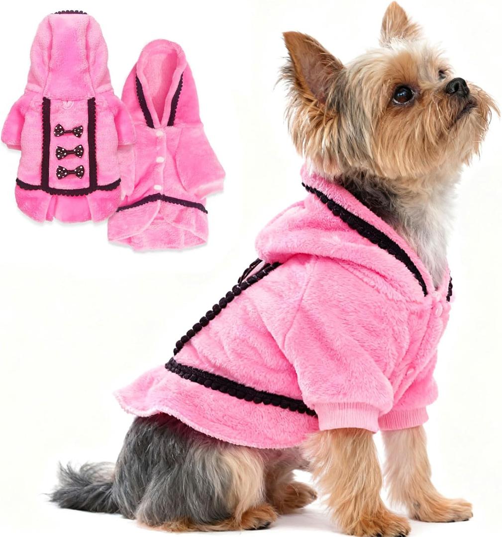 Dog Sweaters for Small Dogs Girl Puppy Sweater Dress Winter Fleece Warm Puppy Sweater with Leash Hole Cute Pink Doggie Clothes Bowtie Chihuahua Sweaters Pet Hoodie Cold Weather Dogs Oufit (Small)