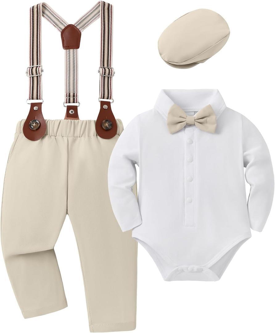 YUEMION Baby Boy Clothes Wedding Outfit Infant Tuxedo Gentleman Suits Dress Shirt+ Beret Hat +Suspender Pants +Bowtie 0-18M (0-3 Months, Beige)
