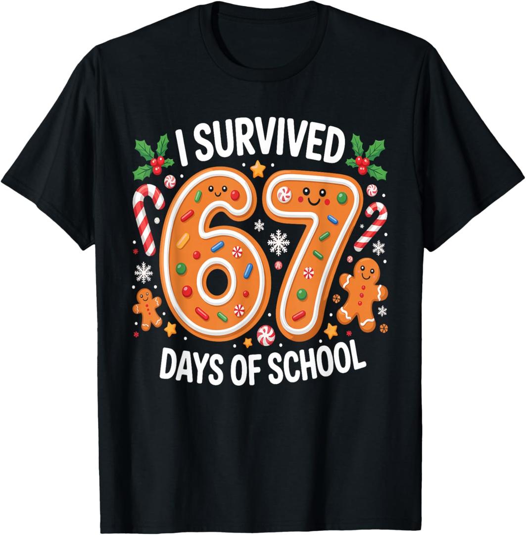 I Survived 67 Days of School Christmas Candy Cane Six Seven T-Shirt M 