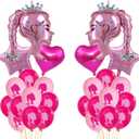 30pcs Hot Pink Princess Doll Foil Balloon Pink Heart Star Balloons Girl Head Latex Globos Kit For Princess Party Decorations Makeup Bachelorette Photo Backdrop Little Girl Adult Birthday Supply