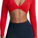 Aoxjox Long Sleeve Crop Tops for Women Sienna Twist Deep V Workout Cropped T Shirt Top (Racing Red), XS