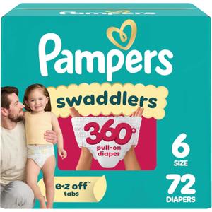 Pampers Diapers - Swaddlers 360° - Size 6, 72 Count, up to 100% Leakproof Comfy Dry Fit, Designed for Easy Changes, Pull On Baby Diaper