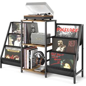 Record Player Stand with Vinyl Storage, Record Player Table with Vinyl Record Storage Up to 280 Albums, Turnta ble Stand with Record Holder Display Shelf, Record Cabinet for Media Stereo Audio (Two-side storage-Black&Brown)