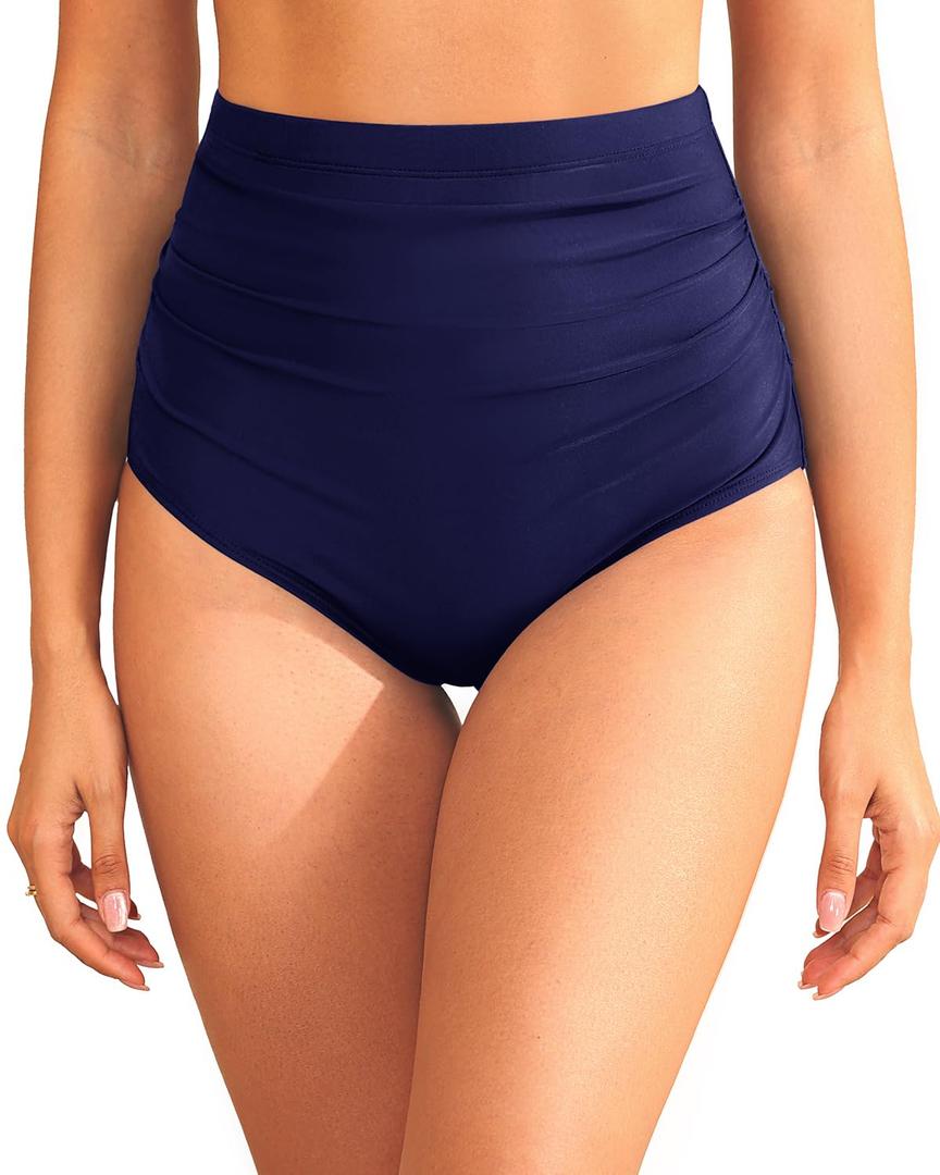 Zmart High Waisted Bikini Bottoms - Women's Full Coverage Ruched Bathing Suit Bottom Low Cut Swimsuit Navy Blue XXL (Blue, XXL)