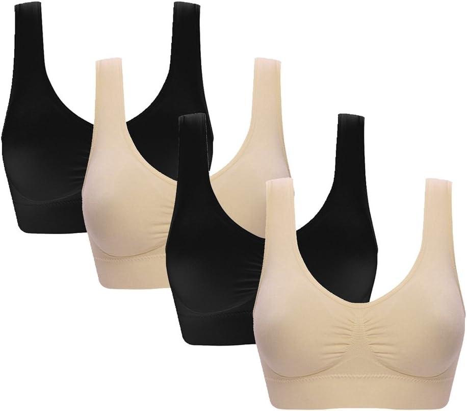 Vermilion Bird Women's 3 Pack Seamless Comfortable Sports Bra with Removable Pads (4 Pack:black*2 Beige*2)