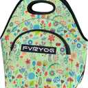 Neoprene Lunch Bag, Reusable Insulated Tote (9 Qt), Easy to Clean Inside & Out for Lasting Freshness, Odor-Free for Men & Women 13.4 * 13.4 In (Medium, Green Flowers)