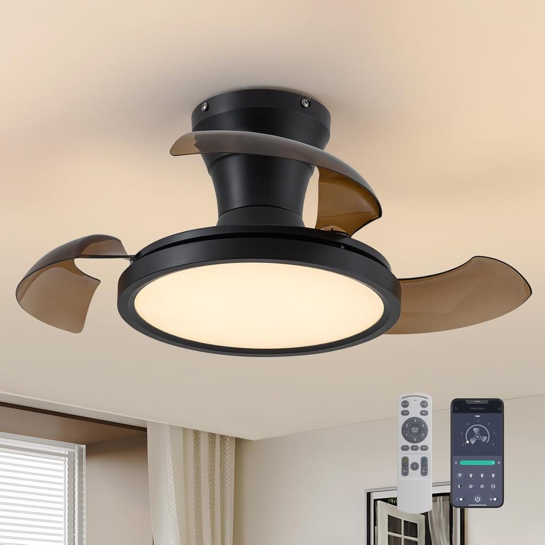 28 Inch Retractable Ceiling Fan with Light Remote Dimmable 6 Speed Reversible Small Light Ceiling Fixtures Modern Bladeless Silent Smart Fan for Bedroom Living Room Kitchen (Black and Brown)